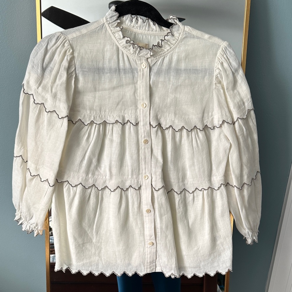 Elegant White Blouse with Taupe Trim